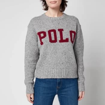 Image of Polo Ralph Lauren Womens Large Polo Logo Sweatshirt - Grey Donegal/Wine - XS