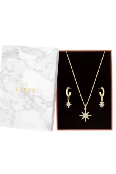 Image of Gold Celestial Y Drop Necklace And Earring Set - Gift Boxed