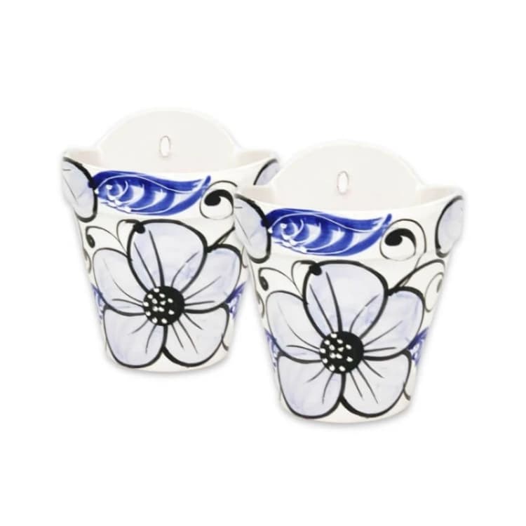 Image of Verano Spanish Ceramics Blue Flowers Hand Painted Set of 2 Outdoor Garden Hanging Plant Pots (D) 22cm Blue unisex