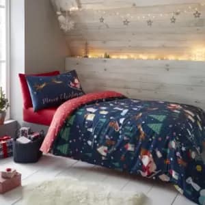 Image of Catherine Lansfield Santa's Christmas Wonderland Duvet Cover and Pillowcase Set Navy Blue/Red/Green