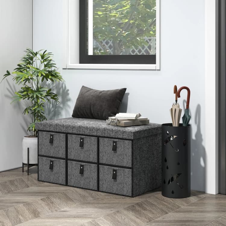 Image of HOMCOM Shoe Bench w/ Cushioned Seat, 6 Fabric Drawers - Grey 837-465V70CG