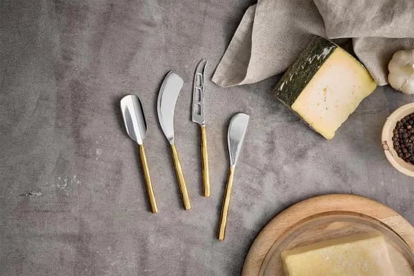 Image of Nkuku Darsa Cheese Knife Set Set Of 4 Serveware Gold Approx 14 cm