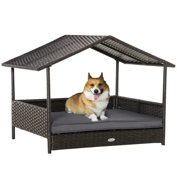 Image of PawHut Rattan Dog House, Elevated Wicker Pet Bed Lounge with Removable Cushion and Canopy, for Small and Medium Dogs, 98 x 69 x 73cm - Grey