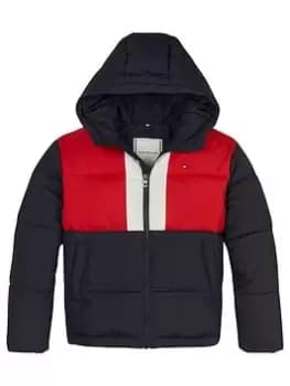 Image of Boys, Tommy Hilfiger Kids Hooded Colour Block Padded Jacket - Navy, Size Age: 12 Years
