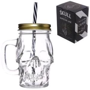 Image of Skull Shaped Glass Drinking Jar with Straw