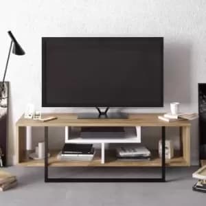 Image of Decorotika Asal 120 Cm Wide Modern TV Unit , industrial Metal TV Stand -Open Shelf Lowboard Up To 51 TVs - Oak Pattern , White Black