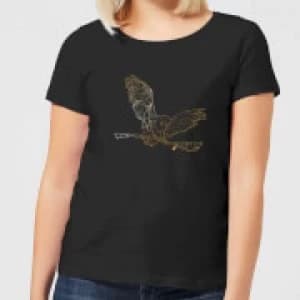 Image of Harry Potter Hedwig Broom Gold Womens T-Shirt - Black - XXL