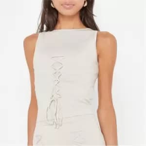 Image of Missguided Petite Rib Lace Up Crop Top - Neutral