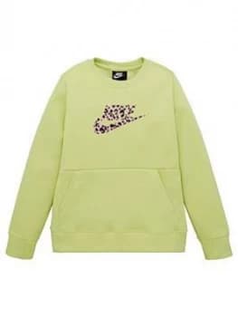 Image of Nike Older Childrens Crew Print Sweat - Green Pink, Green/Pink, Size L, 12-13 Years