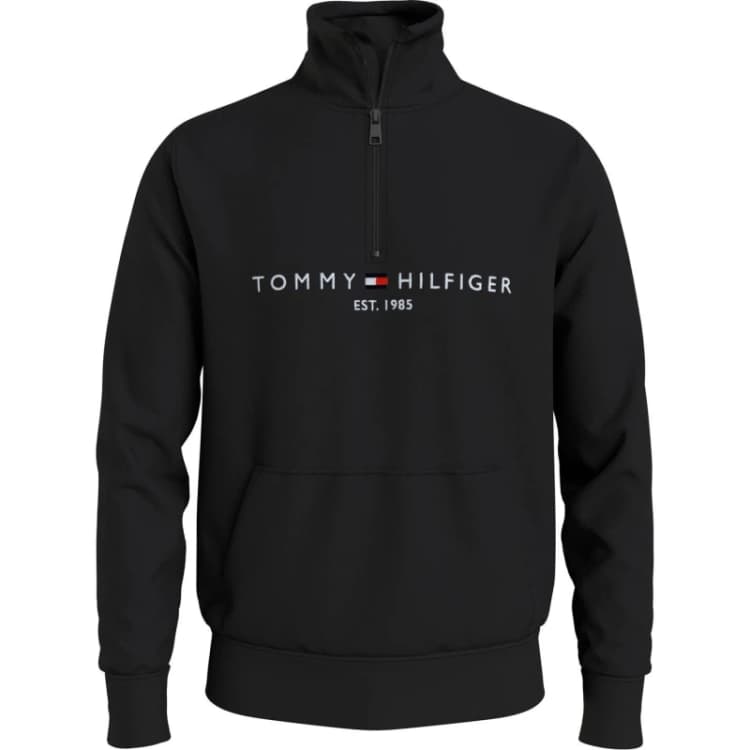 Image of Tommy Hilfiger Logo Mockneck Sweatshirt 1/4 Zip Fleece Tops S Black 55775703350
