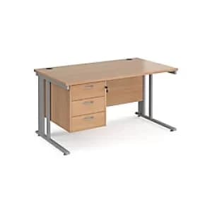 Image of Rectangular Straight Desk Beech Wood Cantilever Legs Silver Maestro 25 1400 x 800 x 725mm 3 Drawer Pedestal