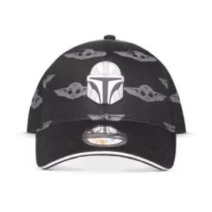 Image of STAR WARS The Mandalorian Helmet Patch with Grogu All-over Print Adjustable Baseball Cap, Black/Grey (BA750483STW)