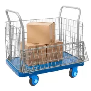 Image of Mesh platform truck with hinged lid top and half height drop side