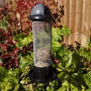 Image of Tom Chambers - Roll Top Garden Wild Bird Hanging Grey and Black Plastic Sunflower Heart Seed Feeder
