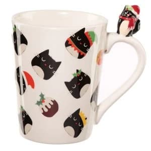 Image of Feline Festive Christmas Cat on Handle Ceramic Mug