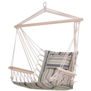 Image of Outsunny 100x106cm Hanging Hammock Chair Thick Rope Frame Pillow Wooden Arms Stripe Multicoloured