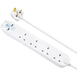 Image of Masterplug 4 Socket 2m 13 Amp Surge Protected Extension Lead + 2x USB (2.1A) - White