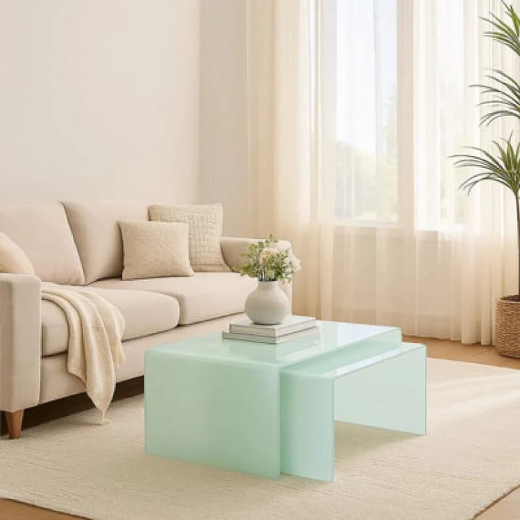 Image of Premier Housewares Nest Of 2 Aqua Green Bent Glass Coffee Tables Green