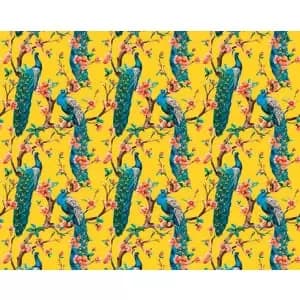 Image of Origin Murals Flowery Peacocks Yellow Wall Mural - 3.5 x 2.8m