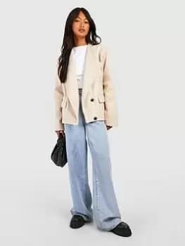 Image of Boohoo Asymmetric Textured Jacket - Oatmeal, Beige, Size 10, Women