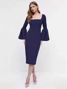 Image of COAST Full Sleeve Corset Bodice Pencil Dress - Navy, Blue, Size 12, Women