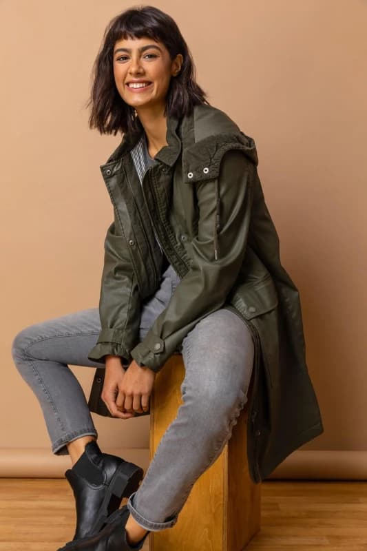 Image of Roman Waxed Longline Hooded Coat Khaki female
