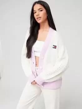 Image of Tommy Jeans Tommy Jeans Long Contrast Badge Cardigan - White, Size S, Women