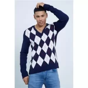 Image of I Saw It First Navy Argyll Check Long Sleeve Knitted Jumper - Blue