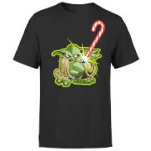 Image of Star Wars Christmas Candy Cane Yoda Black T-Shirt - L - Black