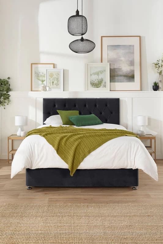 Image of Aspire Aspire Olivier Divan and Hybrid Memory Pocket Mattress, Plush Fabric, Strutted Headboard, No Drawers Black