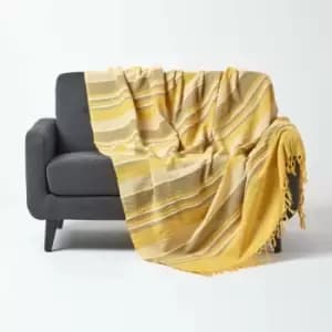 Image of Cotton Morocco Striped Yellow Throw, 225 x 255cm - Yellow - Homescapes