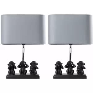 Image of 2 x Black Three Wise Monkeys Table Lamps Grey Shade - No Bulb