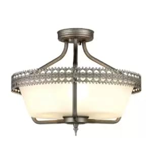 Image of 3 Bulb Semi Flush Light Grey Hand Painted White Glass Shade LED E27 60W