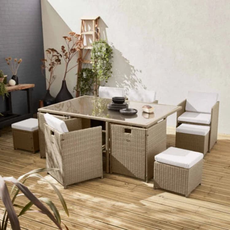 Image of sweeek 6 To 10-seater Rattan Cube Table Set With Chairs Beige