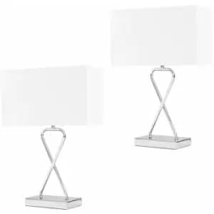 Image of Minisun - 2 x Chrome Table Lamps + White Rectangular Shade - No Bulbs