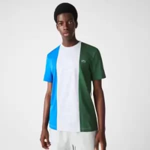 Image of Lacoste Mens Branded Crew Neck Cotton T-Shirt Size 3 - S Grey Chine / Blue / Green