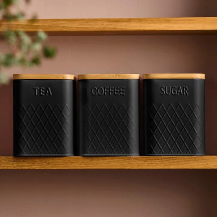 Image of Cooks Professional 3 Piece Kitchen Storage Square with Bamboo Lids Tea Coffee Sugar Black