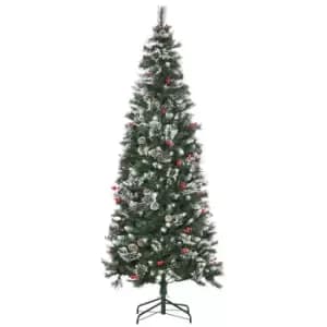 Image of Snow Tipped Slim Artificial Christmas Tree with Red Berries and Pine Cones 7ft, Green