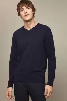 Image of Cotton Rich Navy V-Neck Knitted Jumper