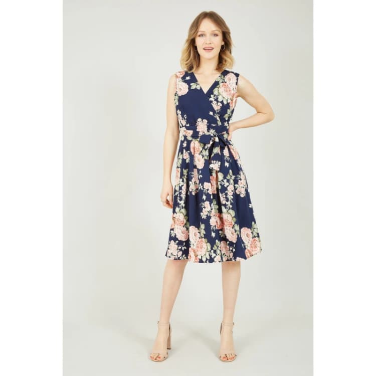 Image of Mela Navy Rose Printed Wrap Over Sleeveless Skater Dress Navy female
