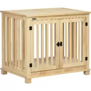 Image of Wooden Dog Crate End Table w/ Soft Washable Cushion, for Medium Dogs - Natural wood finish - Pawhut