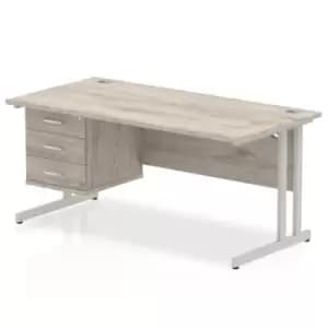 Image of Impulse 1600 Rectangle Silver Cant Leg Desk Grey Oak 1 x 3 Drawer Fixed Ped
