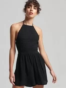 Image of Superdry Vintage Smocked Playsuit -black, Black, Size 14, Women