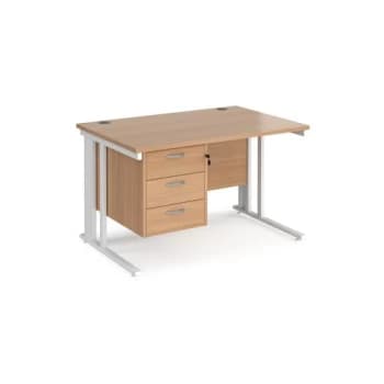 Image of Office Desk Rectangular Desk 1200mm With Pedestal Beech Top With White Frame 800mm Depth Maestro 25 MCM12P3WHB