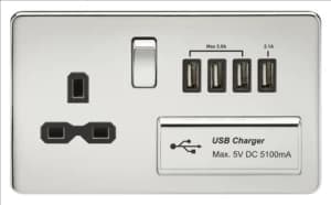Image of KnightsBridge 13A 2G Screwless Polished Chrome 1G Switched Socket with Quad 5V USB Charger Ports - Black Insert