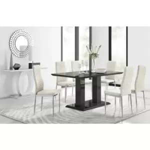 Image of Furniturebox Imperia 6 High Gloss Black Modern Dining Table and 6 Cream Milan Faux Leather Dining Chairs With Silver Legs Diamond Stitch Modern