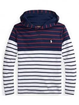 Image of Ralph Lauren Boys Stripe Jersey Hooded T-Shirt - Navy, Size 7 Years