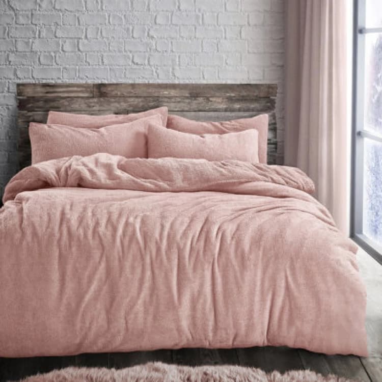 Image of Velosso Teddy Fleece Duvet Cover & Pillowcase Set - Button Enclosure, Machine Washable Bedroom Essentials - Pink