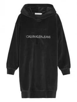 Image of Calvin Klein Jeans Girls Velour Monogram Hoodie Dress - Black, Size 8 Years, Women