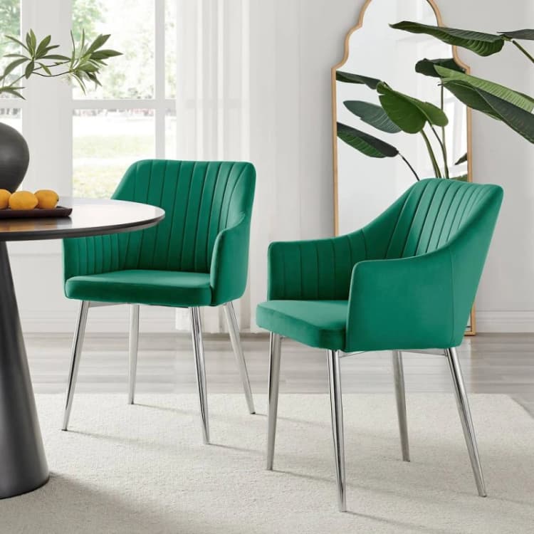 Image of FurnitureboxUK FurnitureboxUK Set of 2 Calla Deep Padded Dining Chairs Upholstered in Soft Velvet With Silver Chrome Legs in Green Green One Size Unis
